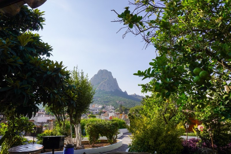 Vista a la Peña de Bernal desde el jardín